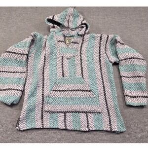Baja Joe Mexican Drug Rug Hoodie Teal Grey Striped Woven Poncho Pullov RN0100596